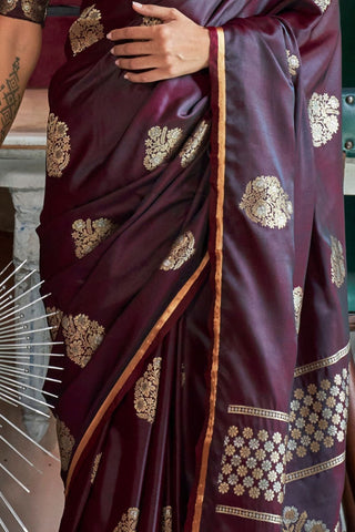 Maroon Pure Satin Handloom Weaving Silk Saree