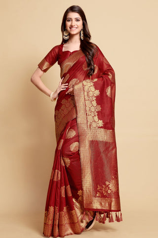 MAROON LINEN CHANDERI SAREE