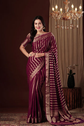 Maroon Pure Georgette with Gold Zari Work