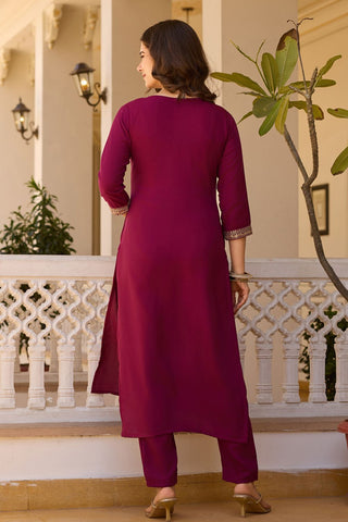 Maroon Reyon Chinon With Embroidery Kurta Set_Kumari Sarees