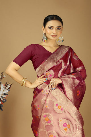 Maroon Soft Organza Silk Saree_Kumari Sarees
