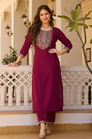 Maroon Reyon Chinon With Embroidery Kurta Set_Kumari Sarees
