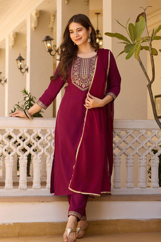 Maroon Reyon Chinon With Embroidery Kurta Set_Kumari Sarees