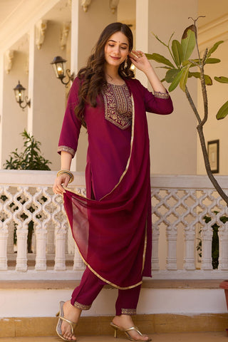 Maroon Reyon Chinon With Embroidery Kurta Set_Kumari Sarees