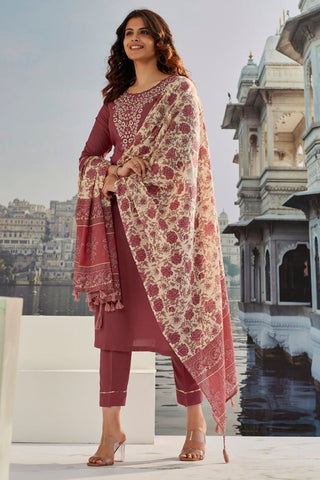 Maroon Cotton Silk With Embroidered Work Kurta Set_Kumari Sarees