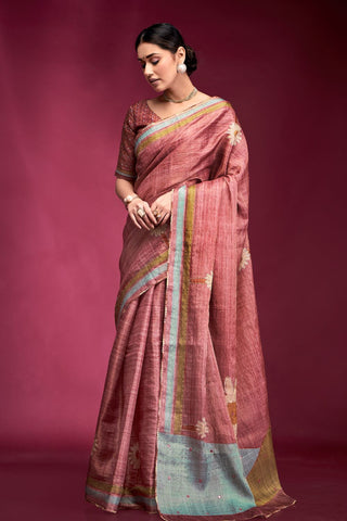 Maroon Tussar Saree with Hand based Work