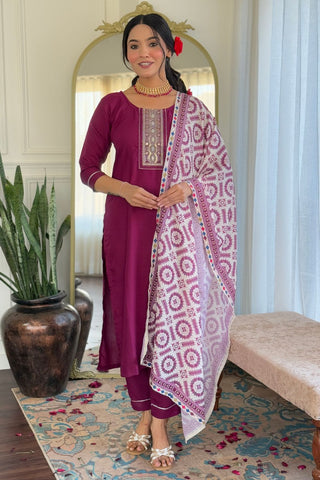 Maroon Reyon Muslin With Embroidery Kurta Set_Kumari Sarees