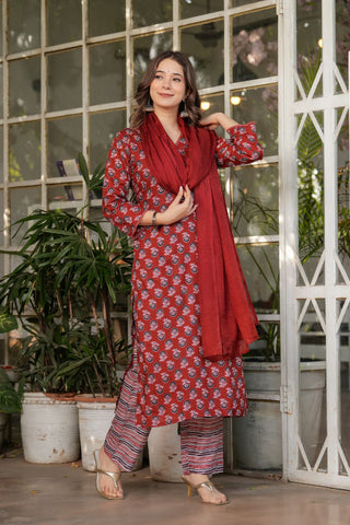 Maroon Pure Cotton Silk Kota Chex Embroidery Kura Set