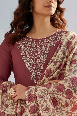 Maroon Cotton Silk With Embroidered Work Kurta Set_Kumari Sarees
