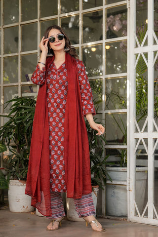 Maroon Pure Cotton Silk Kota Chex Embroidery Kura Set