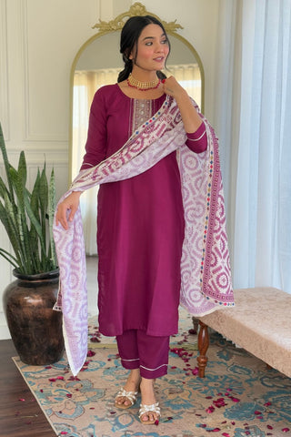 Maroon Reyon Muslin With Embroidery Kurta Set_Kumari Sarees