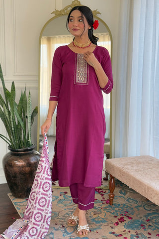 Maroon Reyon Muslin With Embroidery Kurta Set_Kumari Sarees