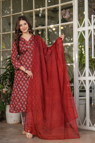 Maroon Pure Cotton Silk Kota Chex Embroidery Kura Set