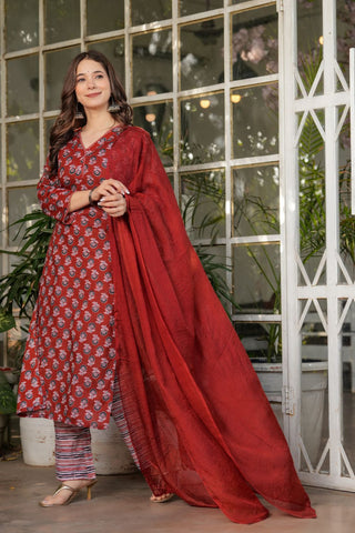 Maroon Pure Cotton Silk Kota Chex Embroidery Kura Set