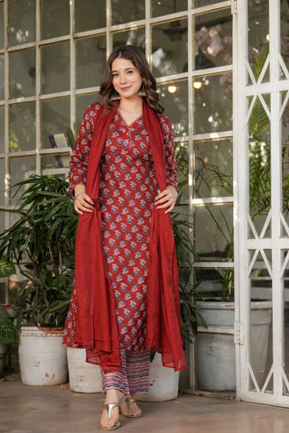 Maroon Pure Cotton Silk Kota Chex Embroidery Kura Set