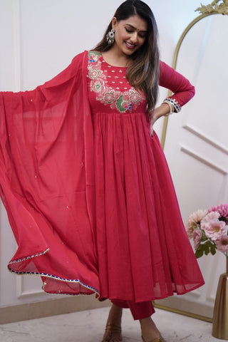 Maroon Soft Chanderi Cotton With Embroidered Kurta Set_Kumari Sarees