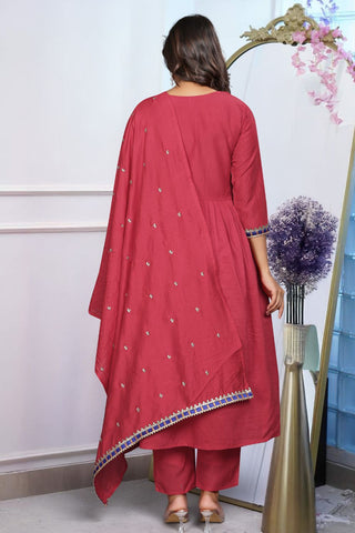 Maroon Soft Chanderi Cotton With Embroidered Kurta Set_Kumari Sarees