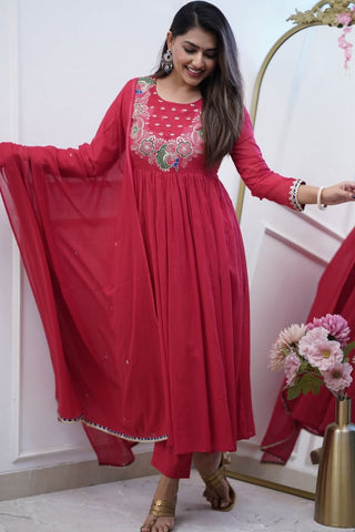 Maroon Soft Chanderi Cotton With Embroidered Kurta Set_Kumari Sarees