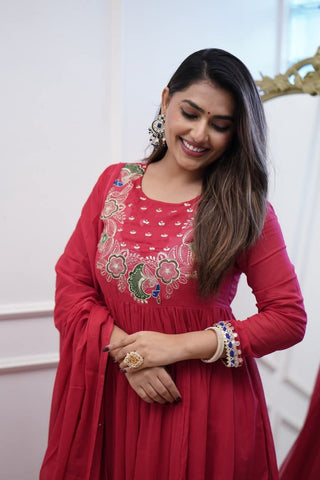 Maroon Soft Chanderi Cotton With Embroidered Kurta Set_Kumari Sarees