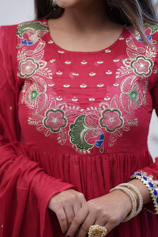 Maroon Soft Chanderi Cotton With Embroidered Kurta Set_Kumari Sarees