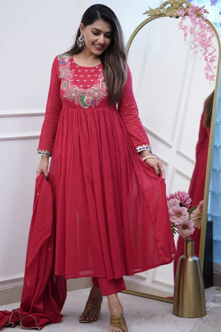 Maroon Soft Chanderi Cotton With Embroidered Kurta Set_Kumari Sarees