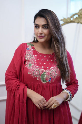 Maroon Soft Chanderi Cotton With Embroidered Kurta Set_Kumari Sarees
