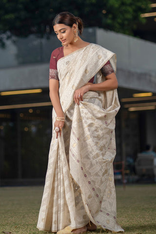 Brown Mulmul Cotton & Jamadani Saree