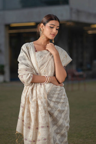 Brown Mulmul Cotton & Jamadani Saree