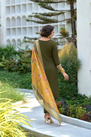 Mehndi-Green Viscos-Rayon With Embroidered Work Kurta Set