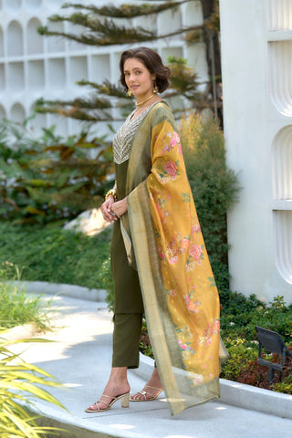 Mehndi-Green Viscos-Rayon With Embroidered Work Kurta Set