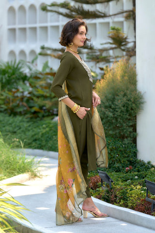Mehndi-Green Viscos-Rayon With Embroidered Work Kurta Set