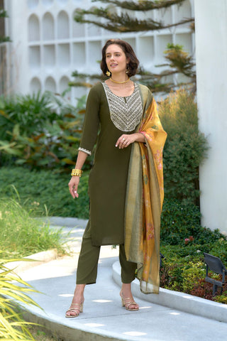 Mehndi-Green Viscos-Rayon With Embroidered Work Kurta Set