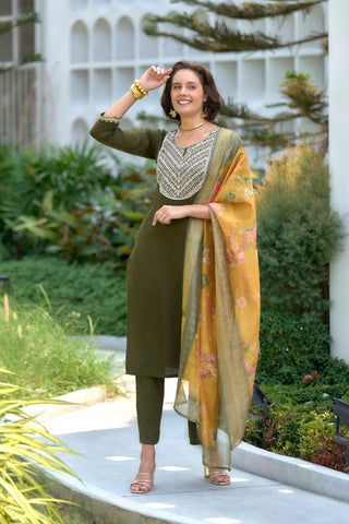 Mehndi-Green Viscos-Rayon With Embroidered Work Kurta Set
