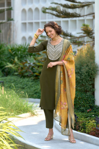 Mehndi-Green Viscos-Rayon With Embroidered Work Kurta Set