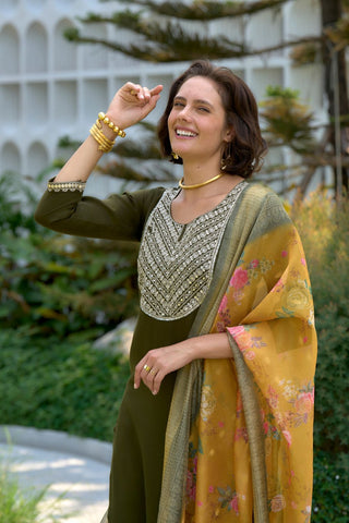Mehndi-Green Viscos-Rayon With Embroidered Work Kurta Set