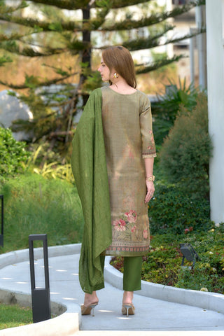 Moss-Green Tissue With Floral Print and Embroidery Kurta Set_Kumari Sarees