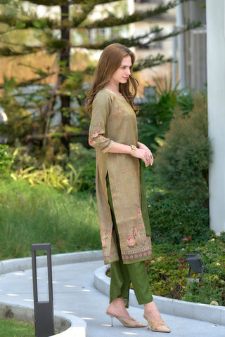 Moss-Green Tissue With Floral Print and Embroidery Kurta Set_Kumari Sarees