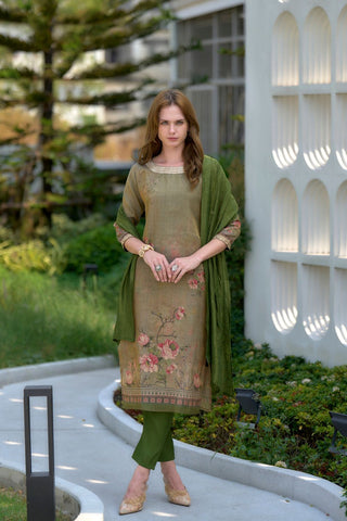 Moss-Green Tissue With Floral Print and Embroidery Kurta Set_Kumari Sarees