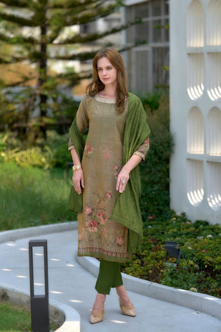 Moss-Green Tissue With Floral Print and Embroidery Kurta Set_Kumari Sarees