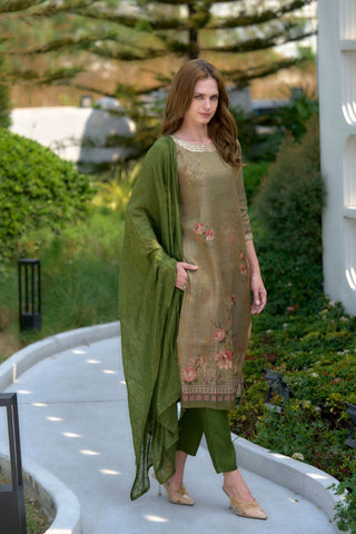 Moss-Green Tissue With Floral Print and Embroidery Kurta Set_Kumari Sarees