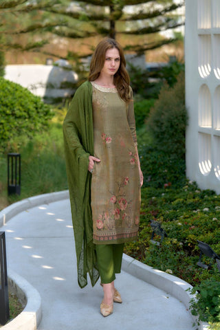 Moss-Green Tissue With Floral Print and Embroidery Kurta Set_Kumari Sarees