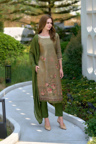 Moss-Green Tissue With Floral Print and Embroidery Kurta Set_Kumari Sarees