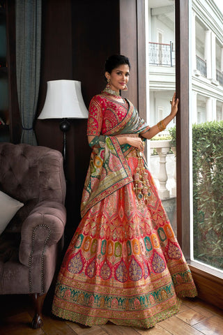 Multi Colour Banarasi Silk Lehenga with Zarkan Codding Work