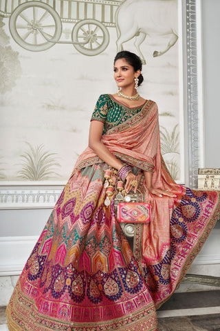 Multi Colour Banarasi Silk Lehenga with Zarkan Codding Work