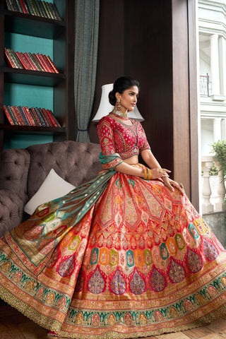 Multi Colour Banarasi Silk Lehenga with Zarkan Codding Work