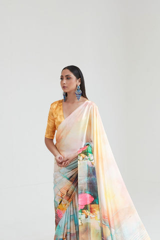 Multi Colour Digital Printed Silk Saree