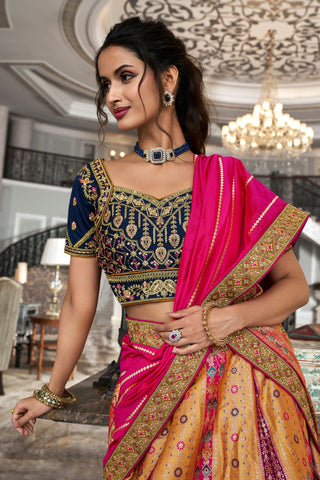 Multi Colour Banarasi Silk Lehenga with Zarkan Codding Work