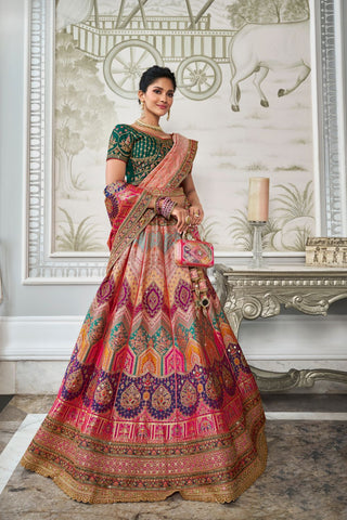 Multi Colour Banarasi Silk Lehenga with Zarkan Codding Work