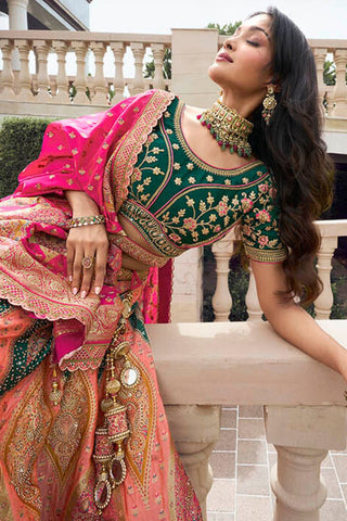 Multicolor Banarasi Silk Lehenga with Zarkan Work for Weddings