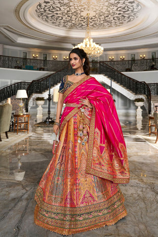 Multi Colour Banarasi Silk Lehenga with Zarkan Codding Work